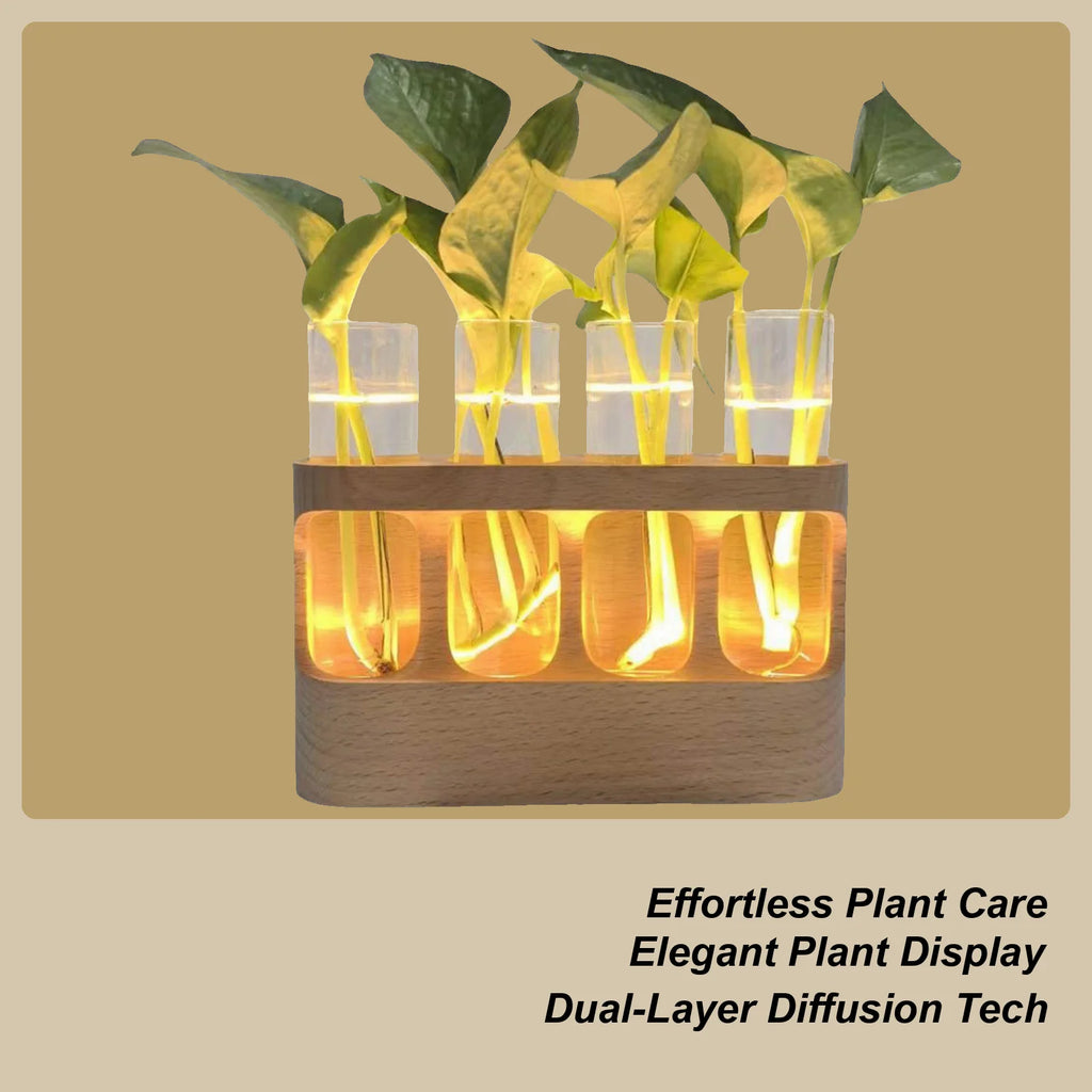 LED Plant Propagation Station Hydroponic Glass Test Tube Terrarium with Wood Stand for Water Rooting Cuttings Home Office Decor