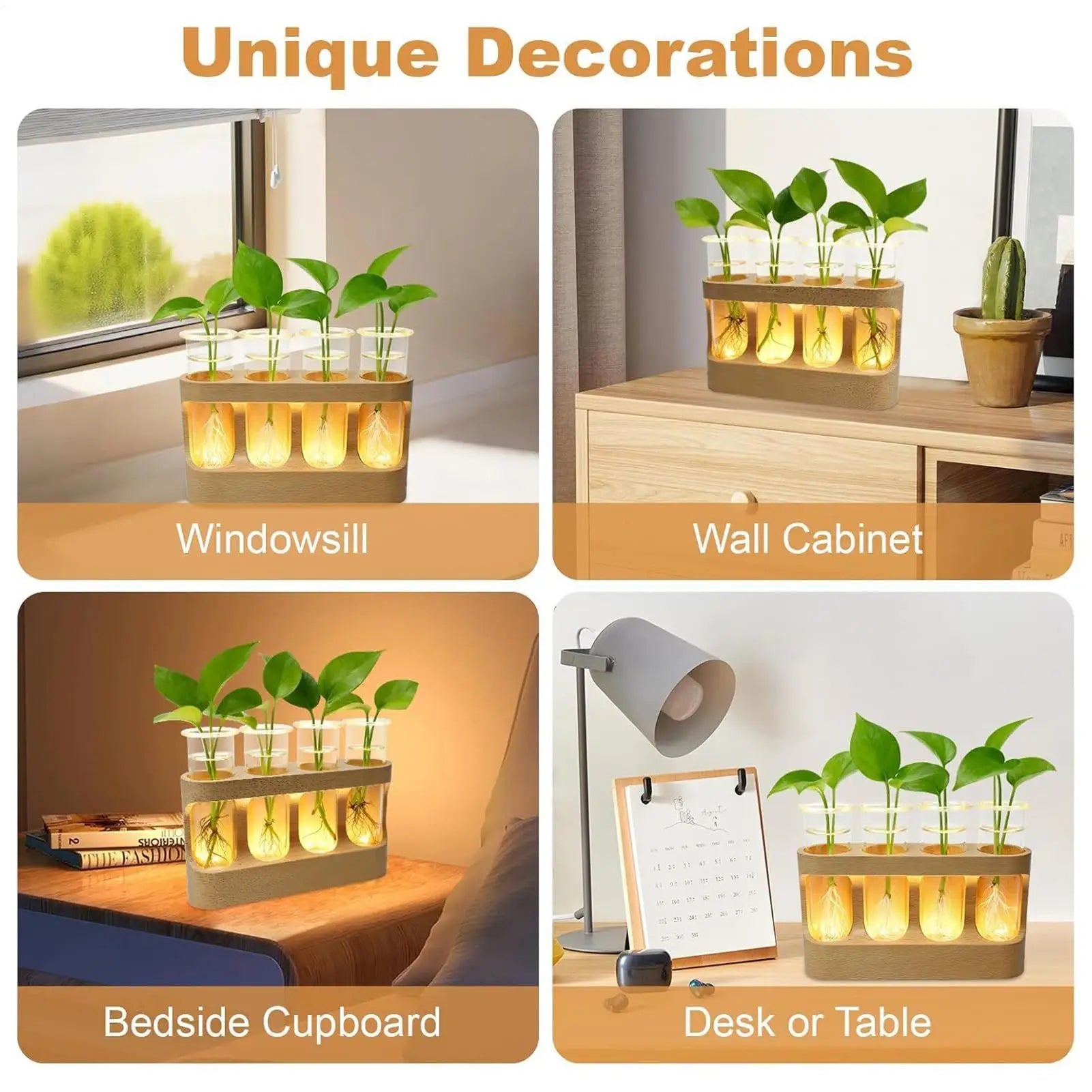 LED Plant Propagation Station Hydroponic Glass Test Tube Terrarium with Wood Stand for Water Rooting Cuttings Home Office Decor