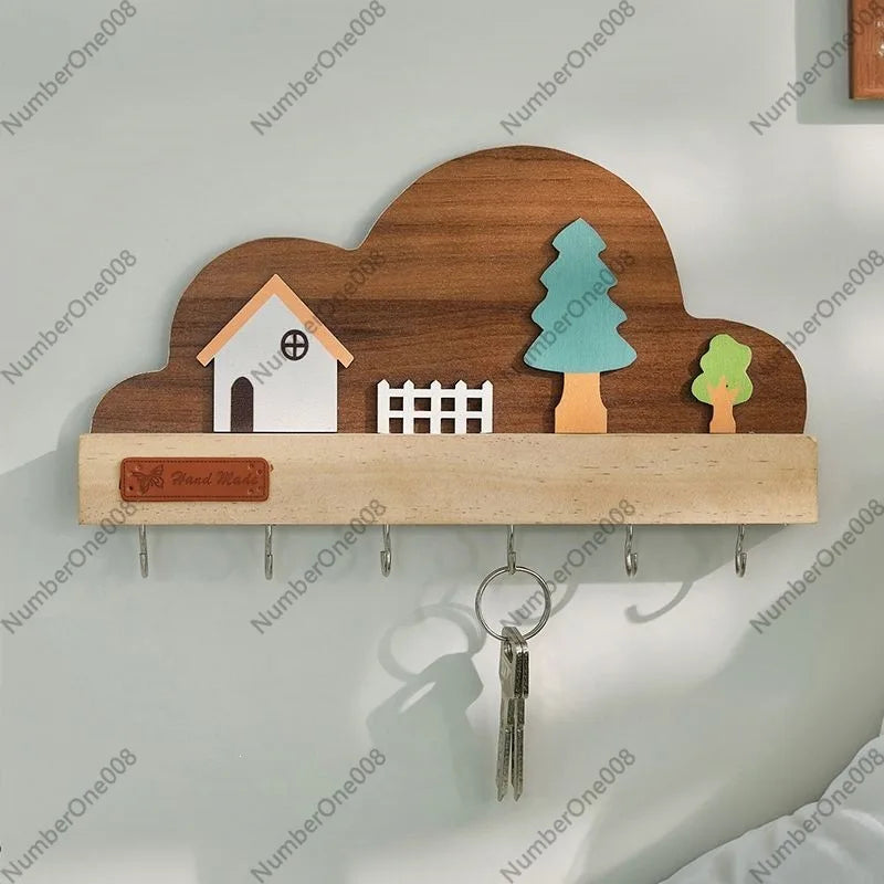 Wooden Wall Mounted Key Holder, Entryway Key Rack with Hooks, Rustic Key Hanger Organizer for Keys, Home Decor for Hallway