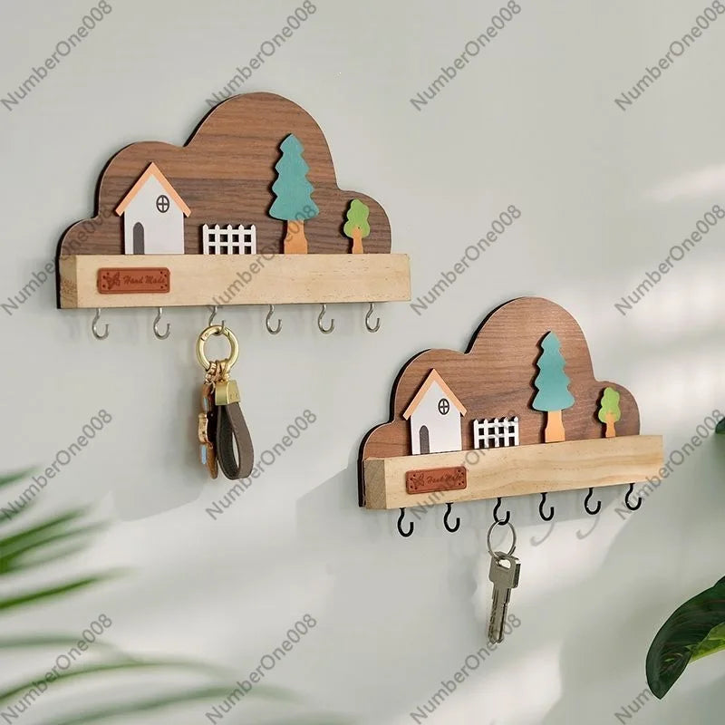 Wooden Wall Mounted Key Holder, Entryway Key Rack with Hooks, Rustic Key Hanger Organizer for Keys, Home Decor for Hallway